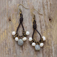 boucles d'oreilles femme en pierres fines de labradorite et cuir