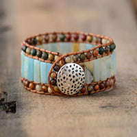 bracelet en cristaux d'amazonite, jaspe et cuir