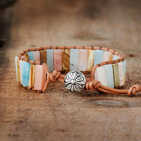 bracelet femme en cristaux d'amazonite, jaspe et cuir