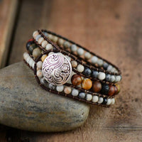 bracelet femme cristaux jaspe, pierres de labe et cuir