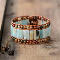 bracelet femme de lithothérapie en amazonite, jaspe et cuir