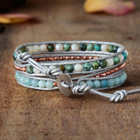 bracelet femme de lithothérapie en amazonite, jaspe et cuir