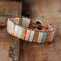 bracelet femme en pierre naturelle d'amazonite, de jaspe et de cuir