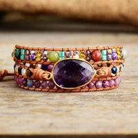 bracelet femme en pierre naturelle d'améthyste et cuir