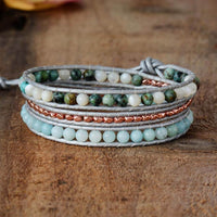 bracelet femme en pierres naturelles d'amazonite, jaspe et cuir
