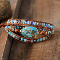 bracelet femme en cristaux de jaspe, turquoise et cuir