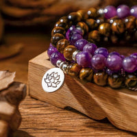 collier mala de lithothérapie en améthyste et oeil-de-tigre