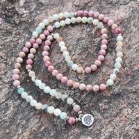 collier mala en pierres fines de rhodochrosite et amazonite