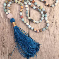 collier mala en pierres naturelles de quartz rose et amazonite