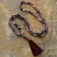 collier mala tibétain en rhodonite naturelle