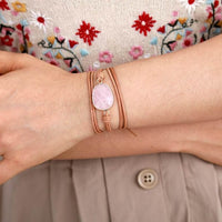 bracelet femme de lithothérapie en pierre naturelle quartz rose et cuir