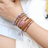 bracelet pour femme en pierres de lithothérapie  de rhodonite et cuir