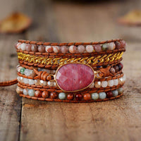 bracelet pour femme en pierres naturelles de rhodonite et cuir