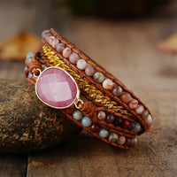 bracelet pour femme en pierre semi-précieuse de rhodonite et cuir
