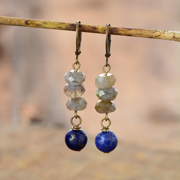 boucles d'oreilles femme pendantes en pierres fines de labradorite et lapis lazuli