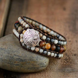 bracelet femme cristaux jaspe, pierres de labe et cuir