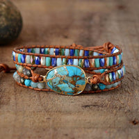 bracelet femme en pierres naturelles de turquoise, jaspe et cuir
