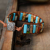 bracelet femme de lithothérapie en jaspe, turquoise et cuir
