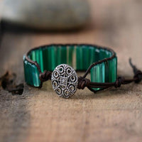 bracelet femme de lithothérapie en onyx vert et cuir