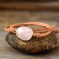 bracelet femme en pierres naturelles de quartz rose et cuir