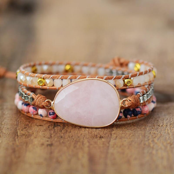 Bracelet Maya : quartz rose et cuir