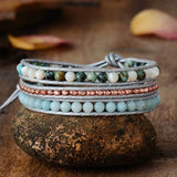 bracelet femme en pierre naturelle d'amazonite, jaspe et cuir
