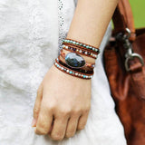 bracelet femme en cristaux de labradorite, jaspe et cuir