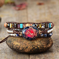 bracelet pour femme en tourmaline rose, jaspe naturelle et cuir