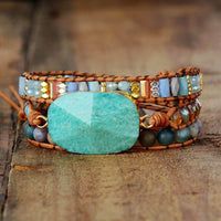bracelet pour femme en pierres semi-précieuses d'amazonite et en cuir