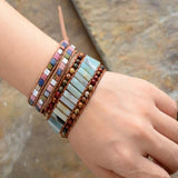 bracelet femme en pierres naturelles d'amazonite, jaspe et cuir