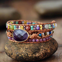 bracelet femme en pierres naturelles d'améthyste et cuir