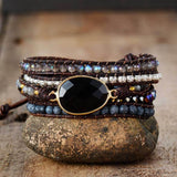 bracelet femme en pierres naturelles d'onyx et cuir