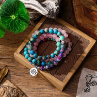 collier mala tibétain en pierres naturelles de quartz rise, amazonite, jaspe et turquoise
